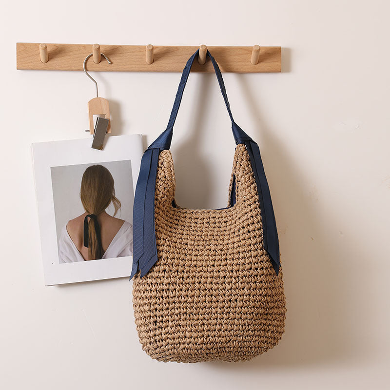 Ribbon Shoulder Straw Bag Large Capacity Solid Color Woven Bag Seaside Vacation Beach Bag Straw Bag