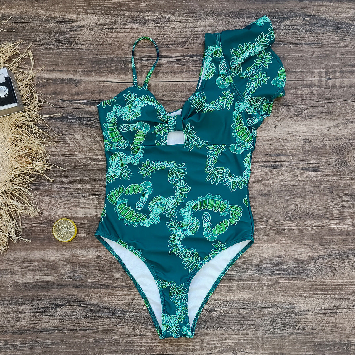 Asymmetric Ruffled Printing Sexy One Piece Swimsuit Women Two Piece Swimsuit