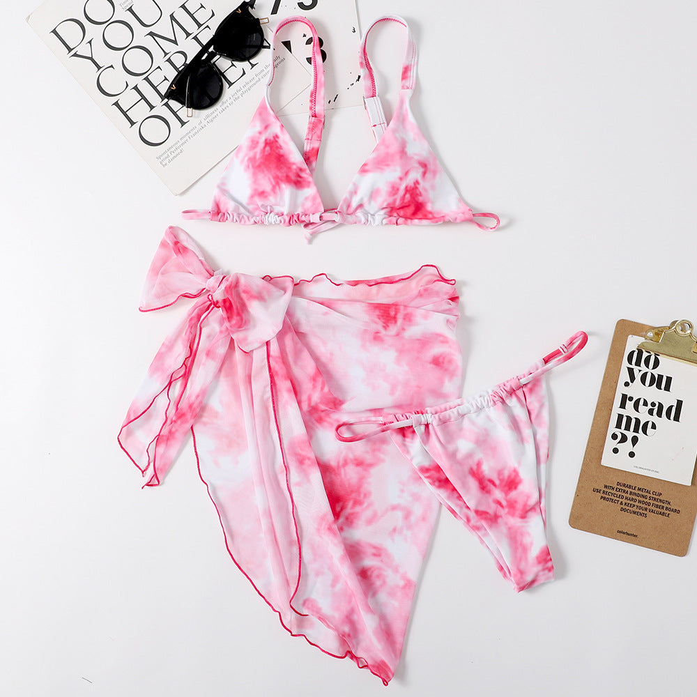 Sexy Women Triangle Split Bikini Mesh Three Piece Suit Crisp Linen Printed Women Swimsuit