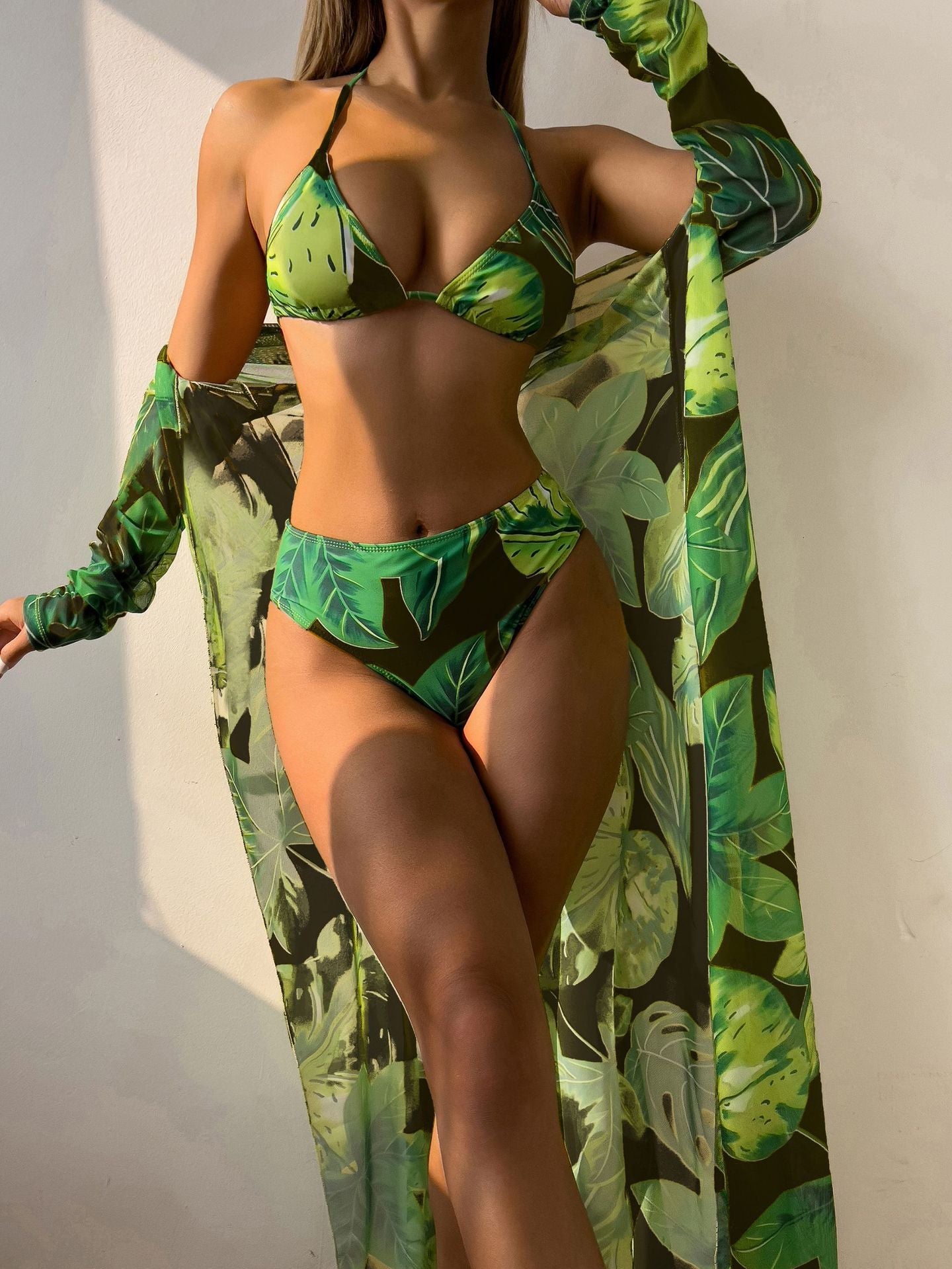 Printed Three Piece Set Mesh Shawl Bikini Swimsuit Swimwear