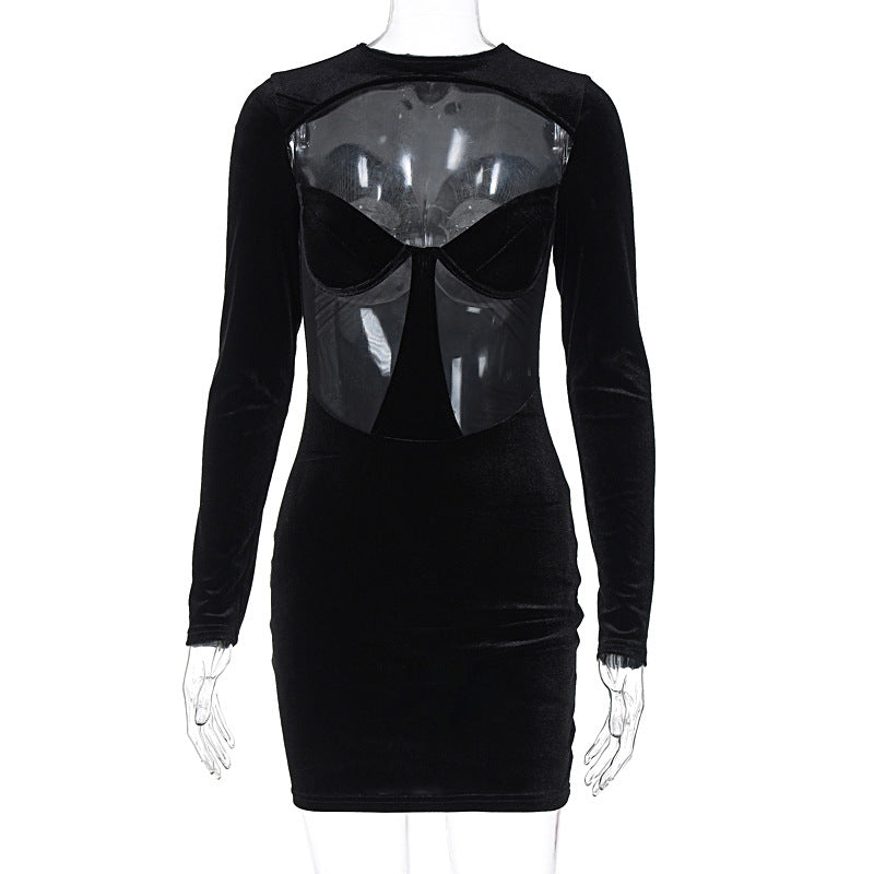 Women Wear Winter Sexy Cutout See through Slim-Fit Long Sleeve Narrow Dress