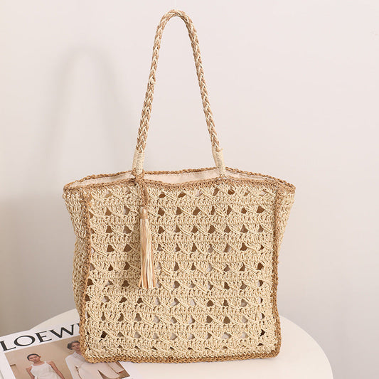 Square Tassel Shoulder Straw Bag Fresh Hollow Out Cutout Handmade Straw Bag Woven Bag Women Seaside Vacation Beach Bag