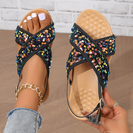 Black Paillette Double Cross Women Beach Sandals Bare Strap Comfortable Women Flat Sandals