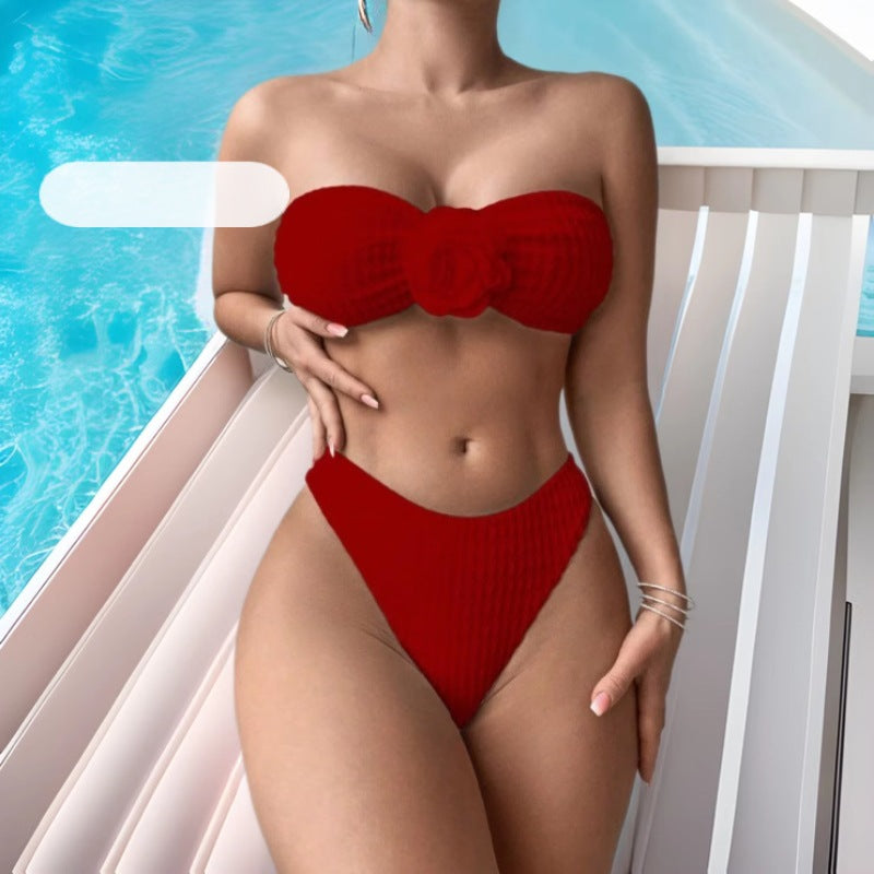 Split Sunken Stripe Pages Fabric Swimsuit Women Solid Color Bikini Two Piece Swimsuit