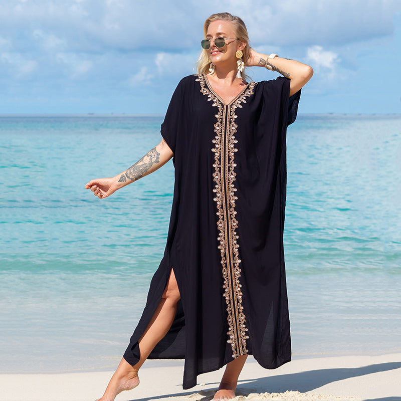Blue Embroidered Vacation Robe Loose Seaside Beach Dress Sun Protection Clothing Bikini Swimsuit Blouse
