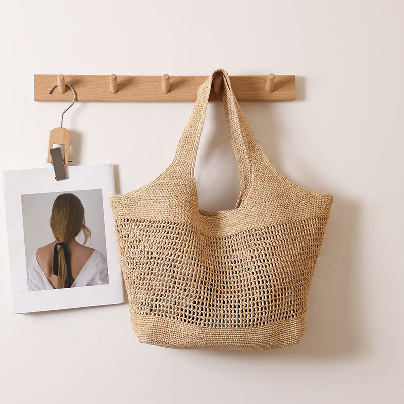 Large Capacity Raffia One Shoulder Straw Bag Hollow Out Cutout Straw Bag Woven Bag Seaside Vacation Beach Bag
