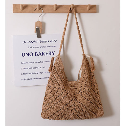 Triangle Hollow Out Cutout Cross Body Cotton Thread Woven Bag Casual Grandmother Grid Straw Bag Vacation Beach Bag Women Bag