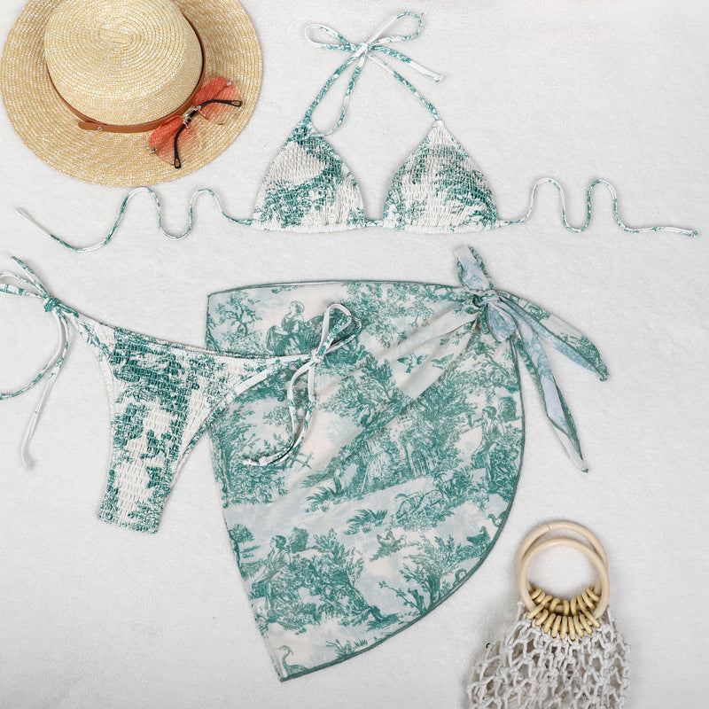 Printed Bikini Three Piece Gauze Skirt Split Sexy Vacation Bikini Swimsuit