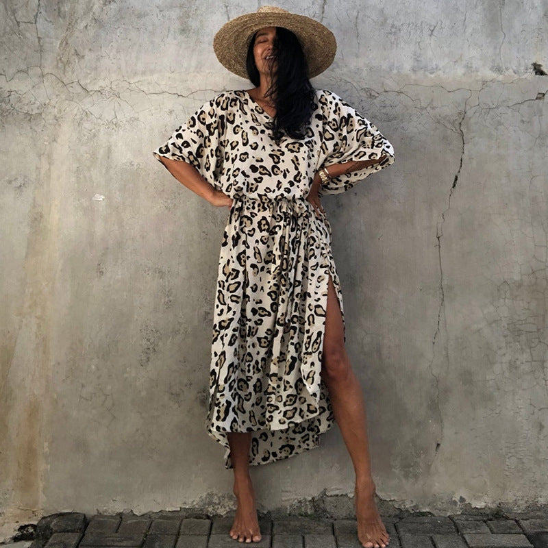 Leopard Print Long Cardigan Loose Beach Sun Protection Coat Beach Cover Up Swimsuit Outwear Women