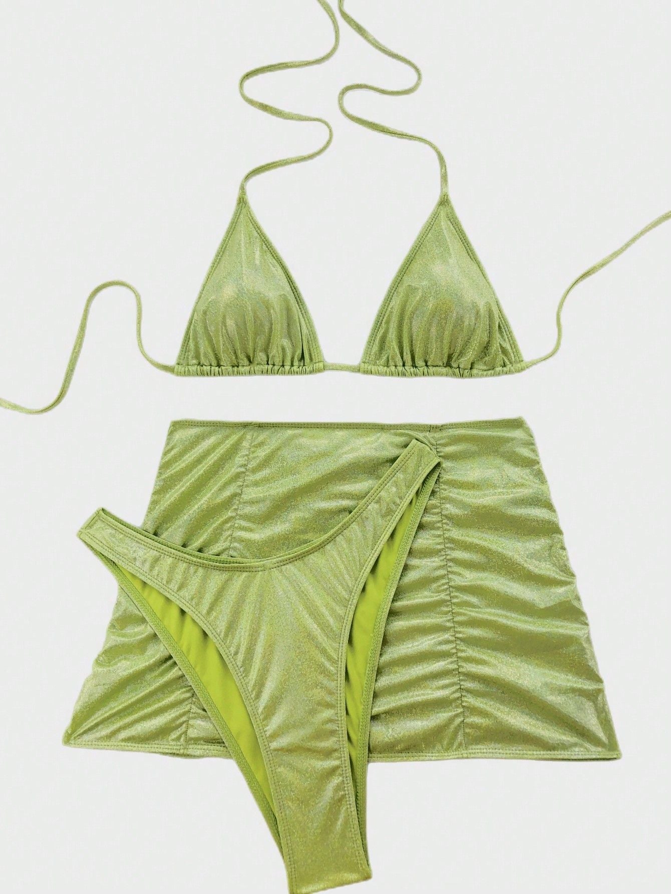 Women Swimsuit Sexy Flash Fabric Three Piece Metallic Coated Fabric Bikini Swimsuit