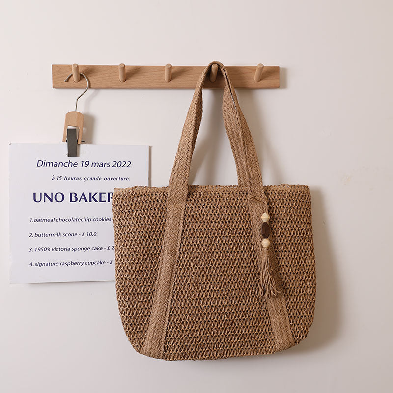 Women Solid Color Woven Bag Large Capacity Shoulder Straw Bag Vacation Beach Bag Women Bag