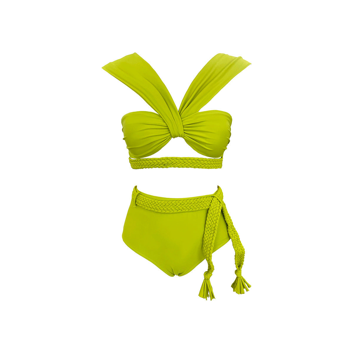 Solid Color Braid Rope High Waist with Straps Bikini Split Swimsuit Women Bikini