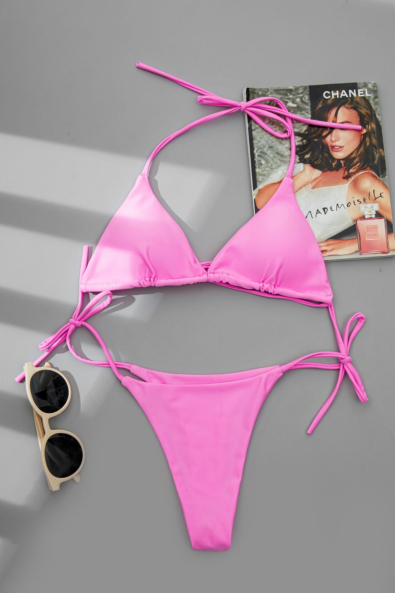 Sexy Sling Halter Bikini Women High Waist Strap Solid Color Split Swimsuit Bikini