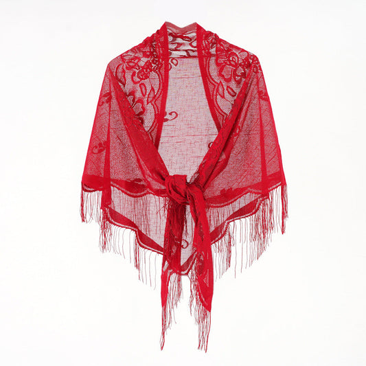 Nylon Hollow Out Cutout out Monochrome Breathable Tassel Triangular Binder Shawl Women Scarf