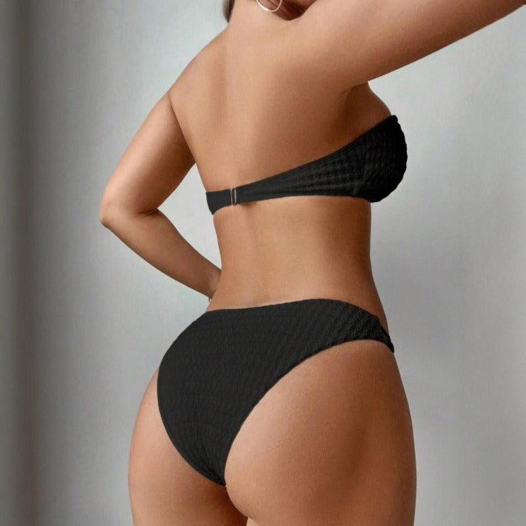 Split Sunken Stripe Pages Fabric Swimsuit Women Solid Color Bikini Two Piece Swimsuit