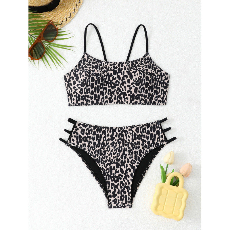 Split Swimsuit Leopard Print Simple Bikini Women Sexy Beach Swimsuit with Chest Pad
