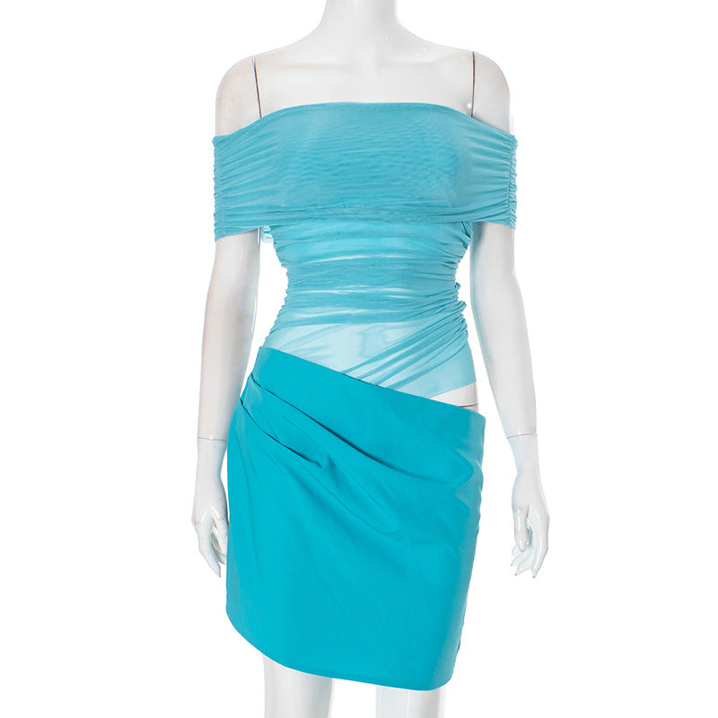 Women Clothing Mesh Stitching off Neck Transparent Slim Fit Sheath Dress