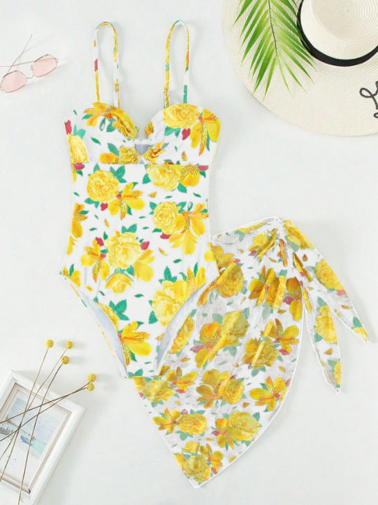 Swimsuit Women Ribbon Sexy Conservative Skirt Split Swimsuit