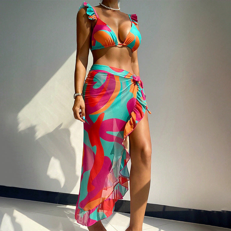 Printed Beach Dress Three Piece Swimsuit Lady Sexy Bikini Spring Swimsuit