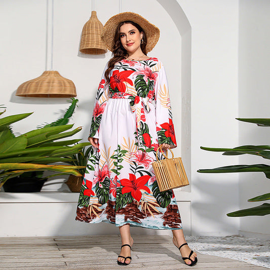 Plus Size Printed Long Sleeve Dress High Waist Lace up Vacation Swing Maxi Dress