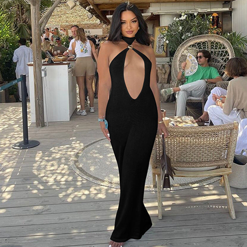 Women Clothing Winter Solid Color Tied Halter Sexy Cutout Slim Fit Dress