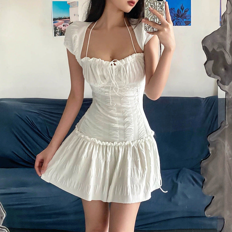 Summer Sexy French Low Cut Square Collar Halter Lace Up Design Short Sleeve Pleated Dress Women