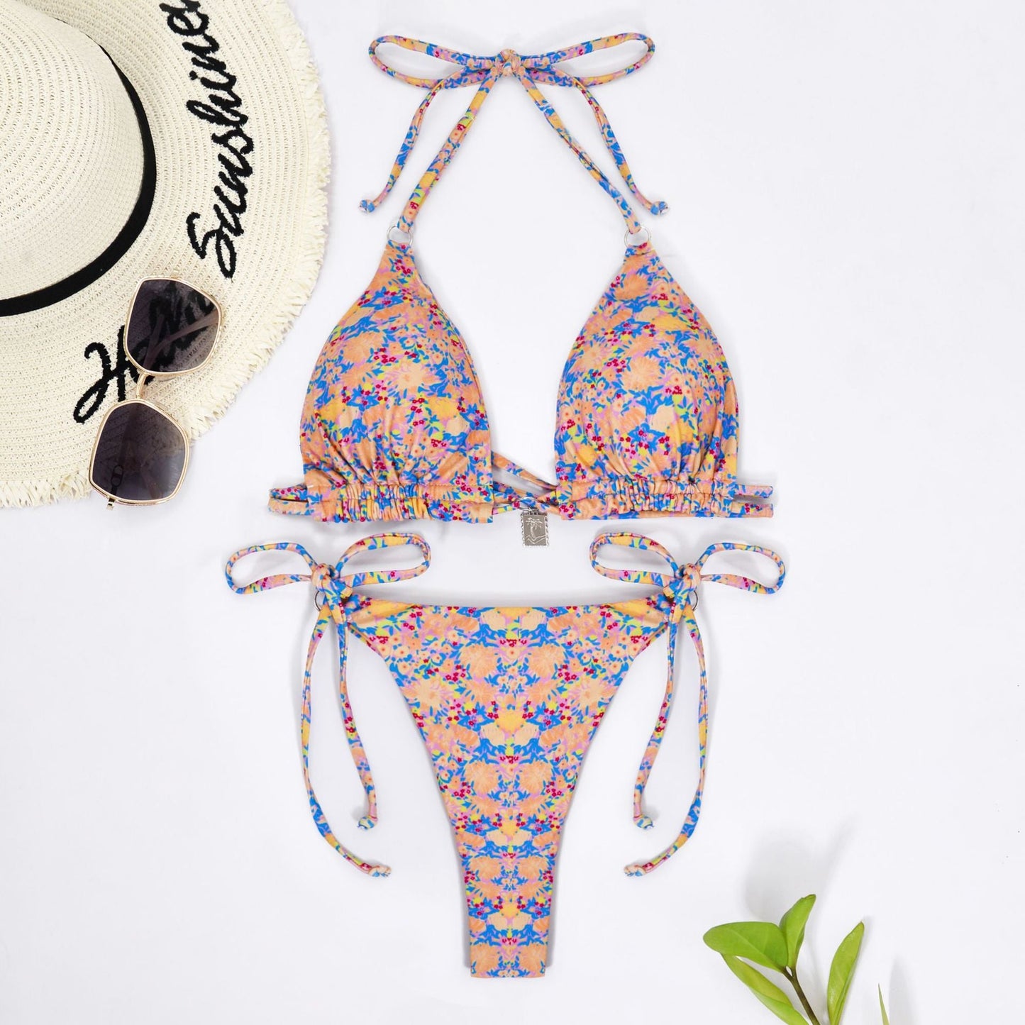 Women Clothing Small Floral Swimsuit Lace up Halterneck Sexy Beauty Back Bikini