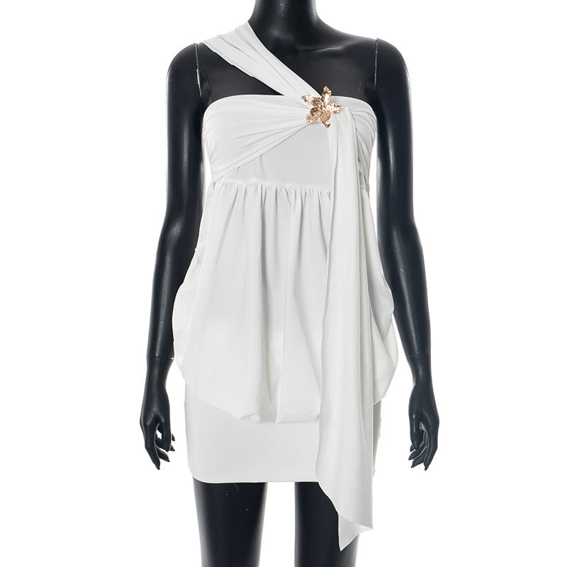 Women Clothing Summer Sexy Solid Color Oblique Shoulder Floral Chest Cover Hip Dress