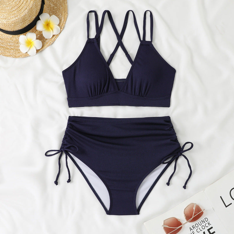 Swimwear Bikini Split High Waist Sunken Stripe Sexy Swimsuit Women Solid Color Split Swimsuit Swimsuit