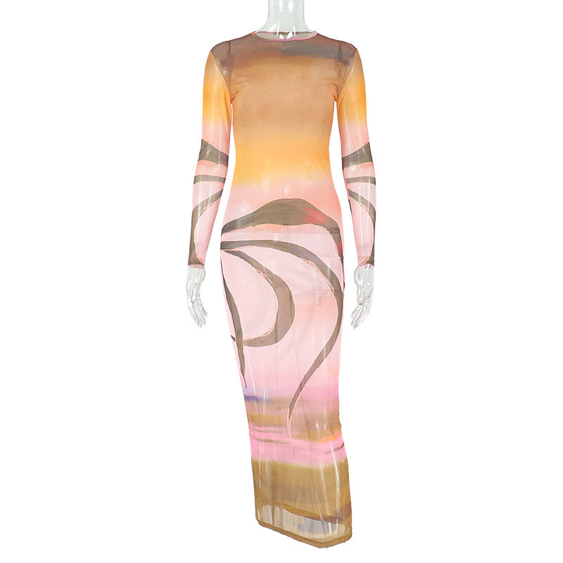 Slim Women Clothing Stitching Printing Hip Retro Turtleneck Long Sleeve Slightly Transparent Length Dress