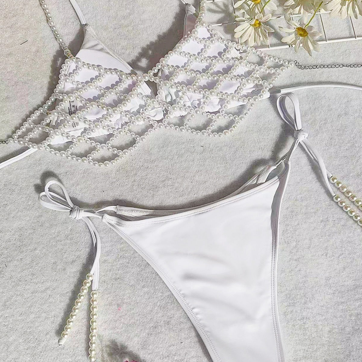 Pearl Chain Tied Swimsuit Women Sexy Bikini Advanced Split Three Piece Set