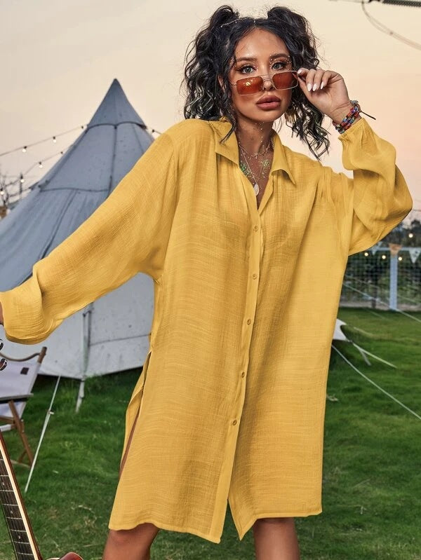 Cotton Long Sleeved Shirt Beach Cover up Vacation Sun Protection Shirt Bikini Swimsuit Outwear Cardigan