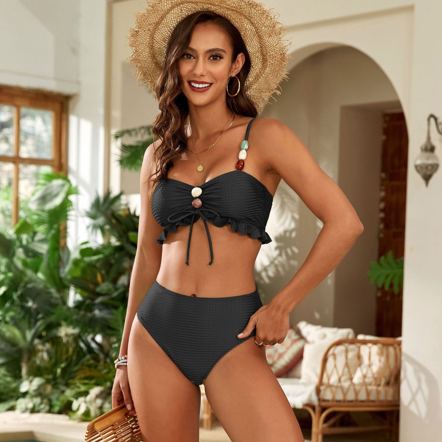 Beads Tether Split Swimsuit Women Three Piece Sets Bikini