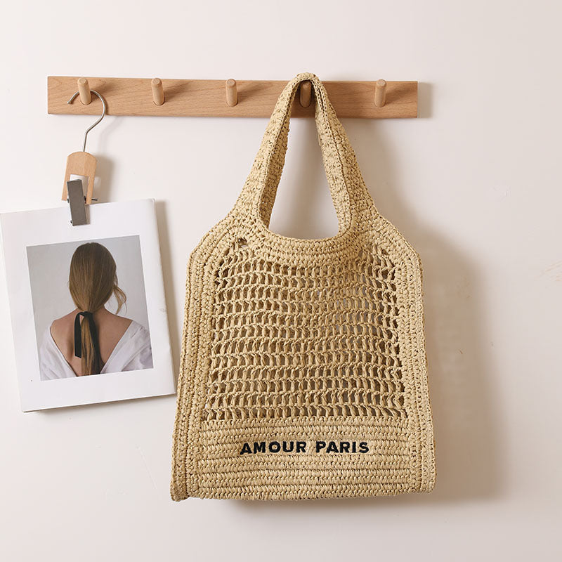 Summer Straw Woven Bag With Lace Up Pattern Suitable For Women Beach Vacation Beach Bag
