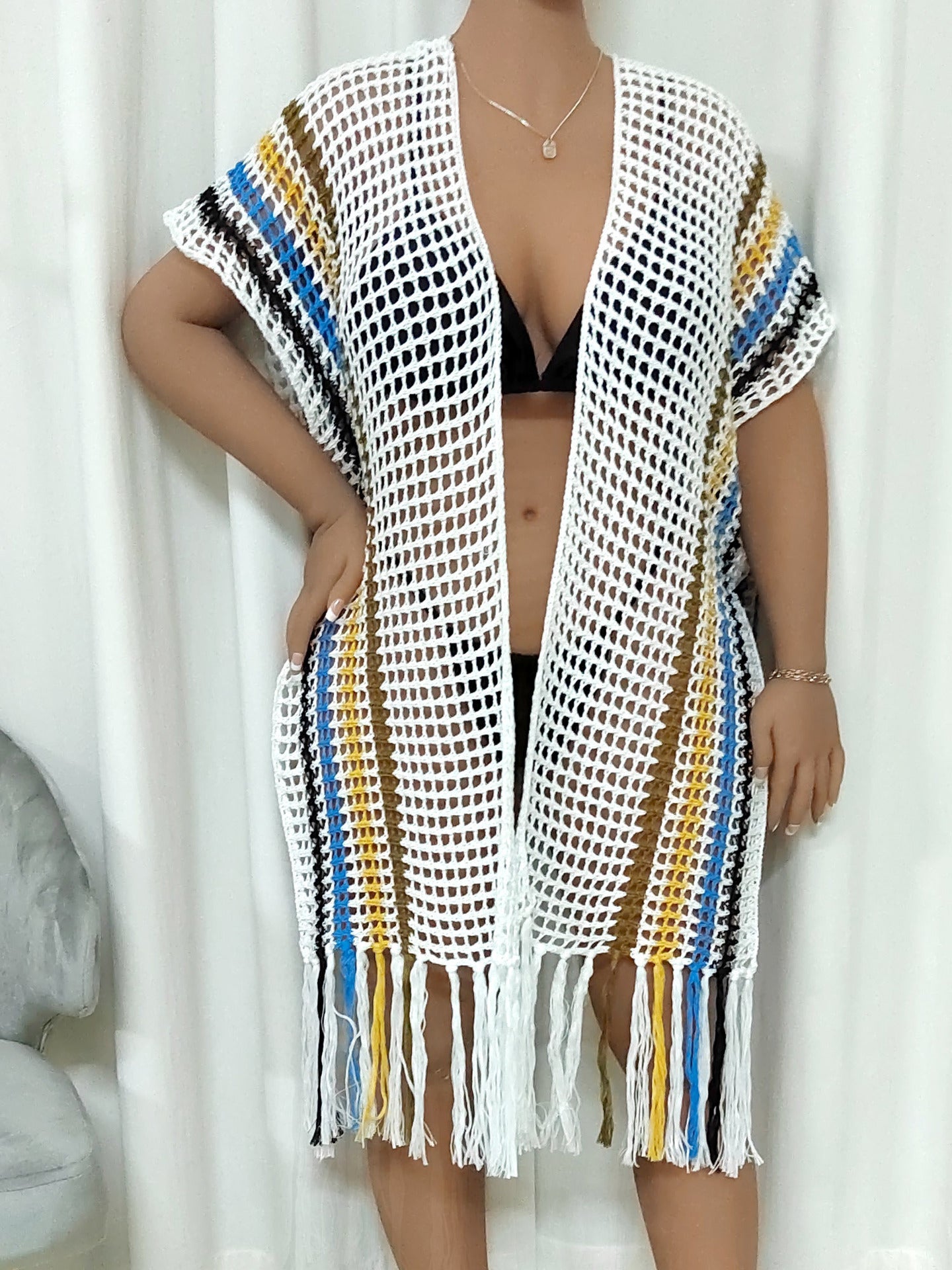 Beach Vacation Women Loose Woven Shirt Color Contrast Patchwork Tassel Shirt Beach Cover Up