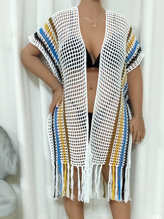 Beach Vacation Women Loose Woven Shirt Color Contrast Patchwork Tassel Shirt Beach Cover Up