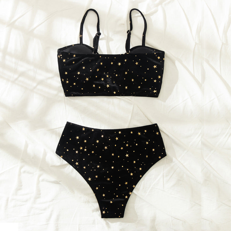 Swimsuit Women Summer Split High Waist Velvet Star Black Spring Swimsuit