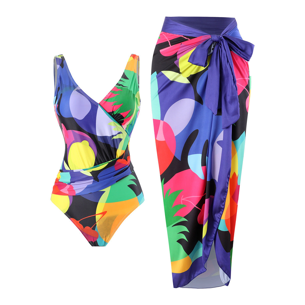 Two Piece Set Swimsuit Cross Belly Covering Printed Backless Sheath Dress Swimsuit