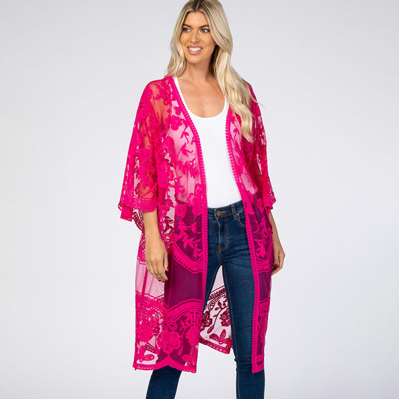 Sexy Grape Silk Embroidered Seaside Vacation Sun Protection Clothing Beach Jacket Bikini Swimsuit Outwear Cardigan for Women