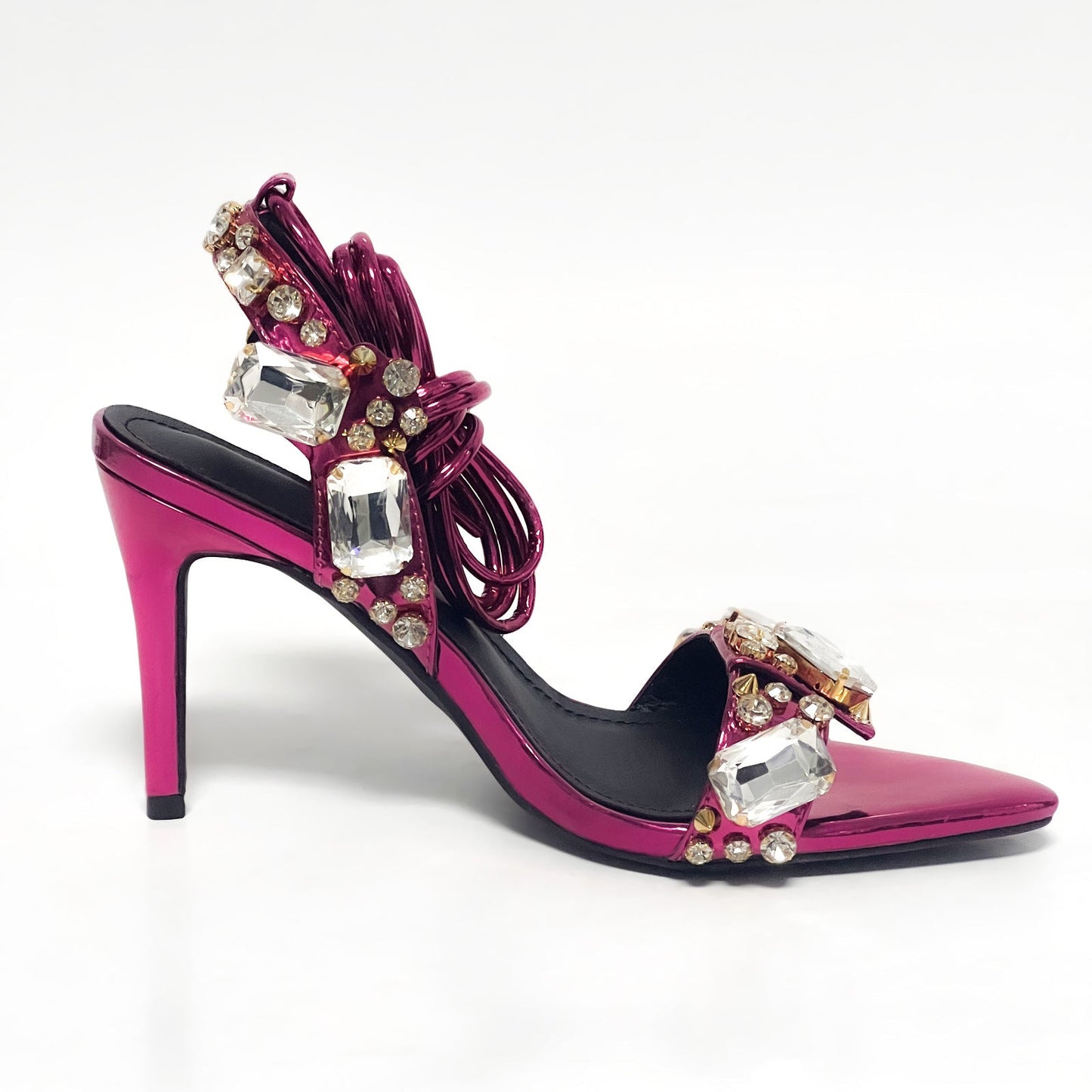 11cm Pointed Gold Rivet Rhinestone Stiletto Heels Summer Sandals Shoes