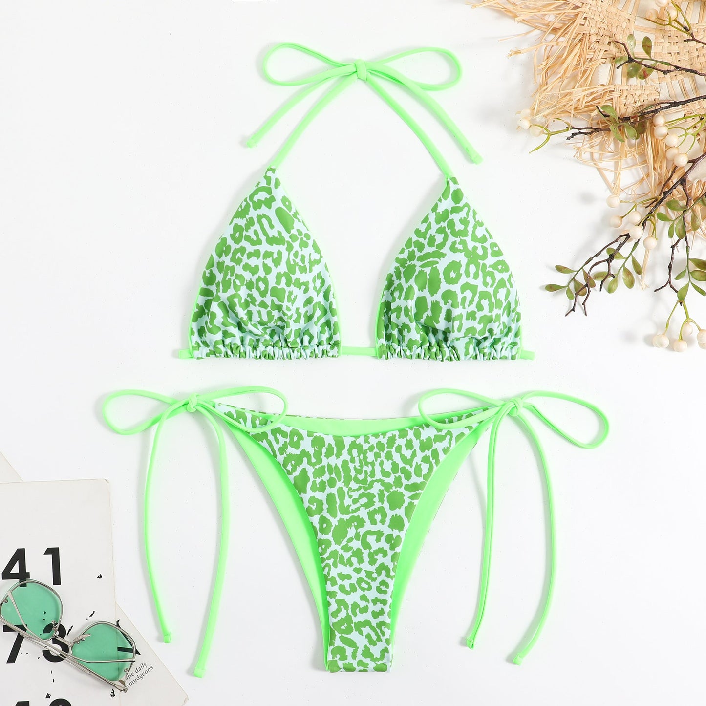 Printing Lady Sexy Lace Up Triangle Split Bikini Swimsuit