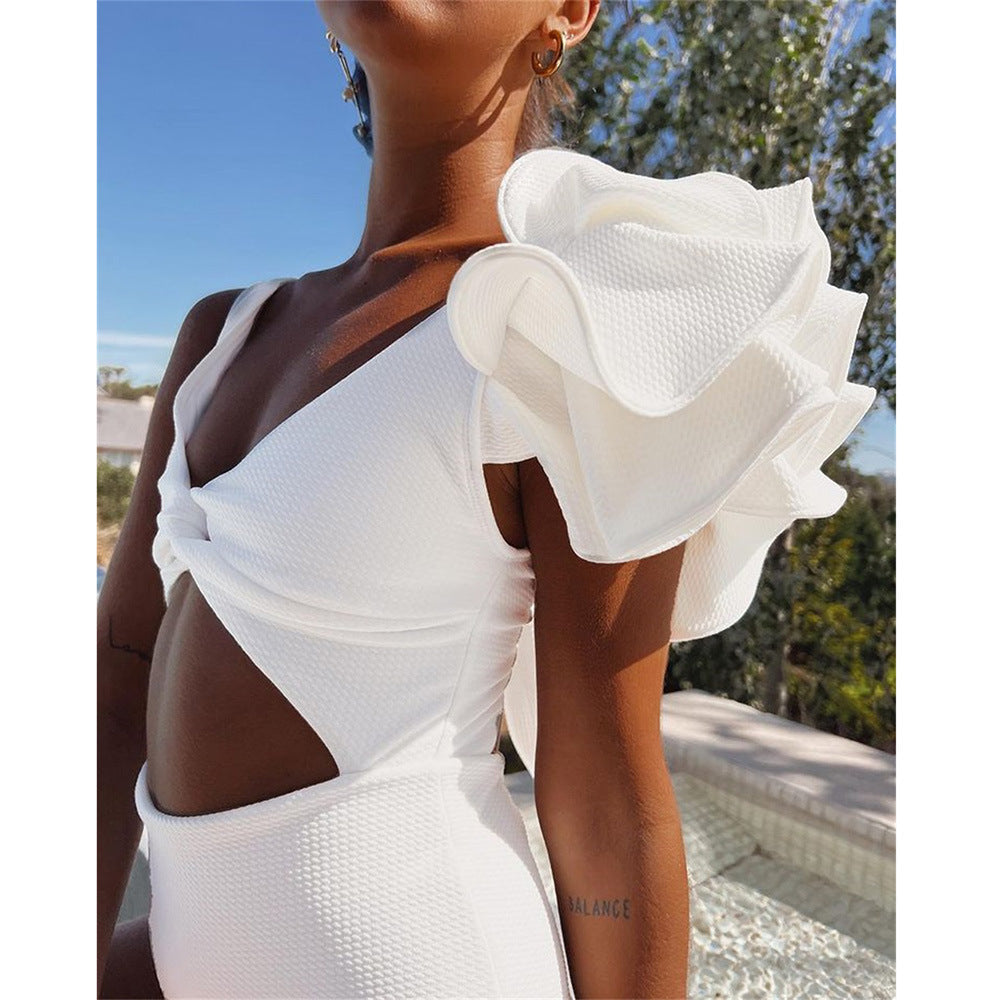 Sporlike Solid Color Hollow Out Cutout out Swimsuit Female New High Waist Backless Ruffle Swimwear