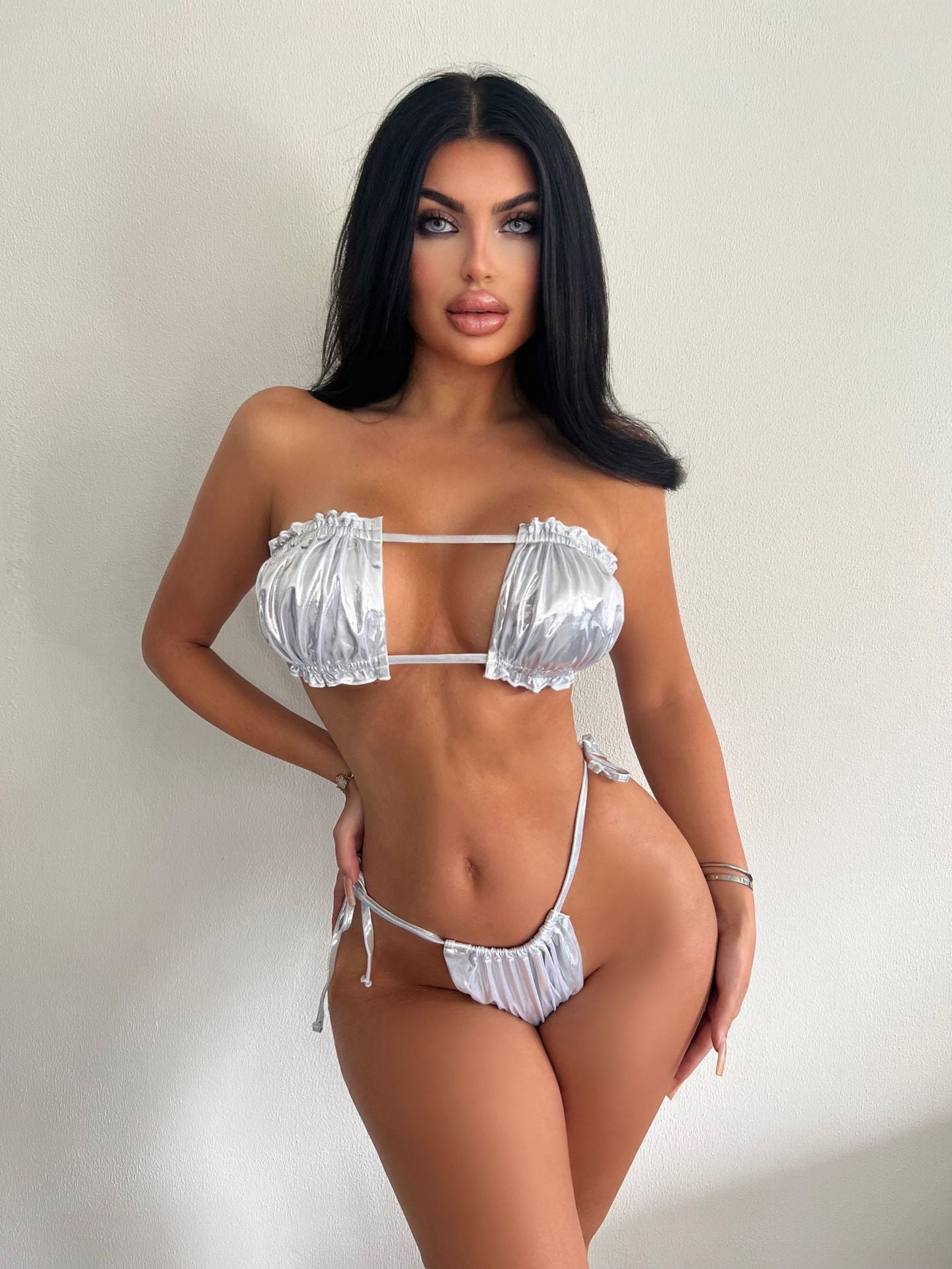 Bikini Bronzing Lace Pleated Tube Top Split Swimsuit Women Backless Lace up Bikini