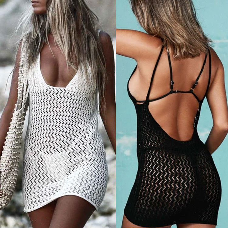 Hollow Out Cutout Strap Dress Sexy Solid Color Backless Sun-Proof Vacation Beach Dress Swimsuit Blouse Crochet hook