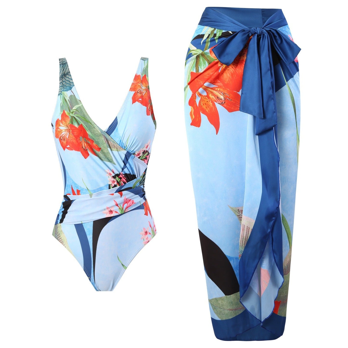Two Piece Set Swimsuit Cross Belly Covering Printed Backless Sheath Dress Swimsuit