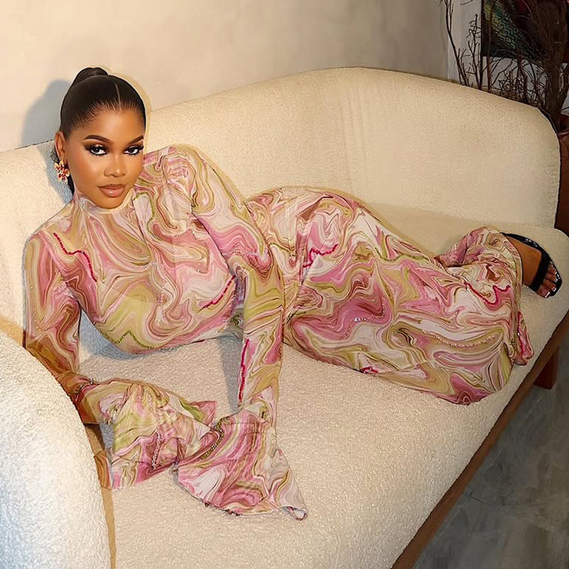 Slim Fit Slimming Women Printed Hip Home Comfortable Stand Collar Long Sleeve Length Dress