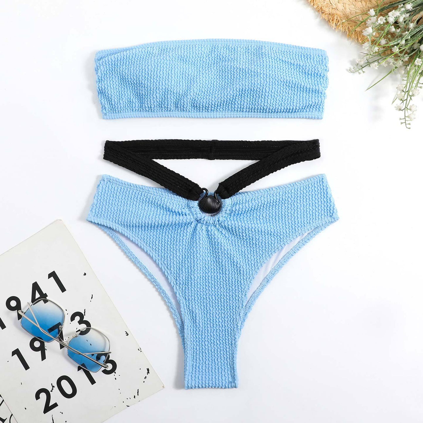 Solid Color Bikini Swimsuit Women Wave Pattern Split Swimsuit