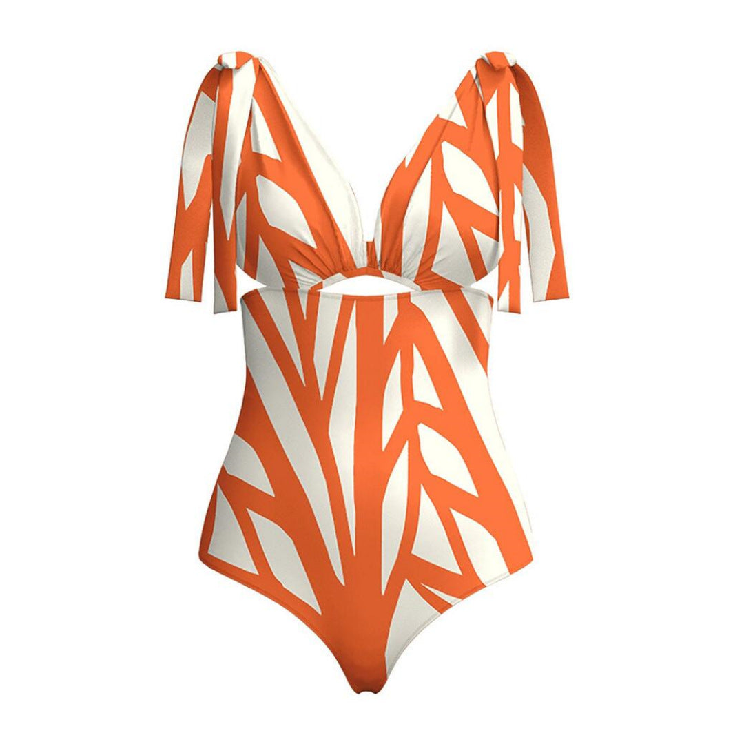 One Piece Swimsuit Women Color Striped Printing Hollow Out Cutout Deep V Plunge Covering Belly Thin Bikini