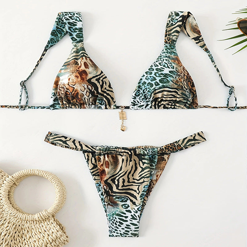 Printed Lace up Swimsuit Women Three Point Sexy Beach Bikini Spring Swimsuit