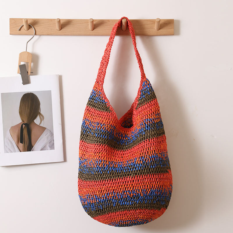 Color Shoulder Straw Bag Casual Large Capacity Woven Bag Seaside Vacation Beach Bag All Matching Straw Bag